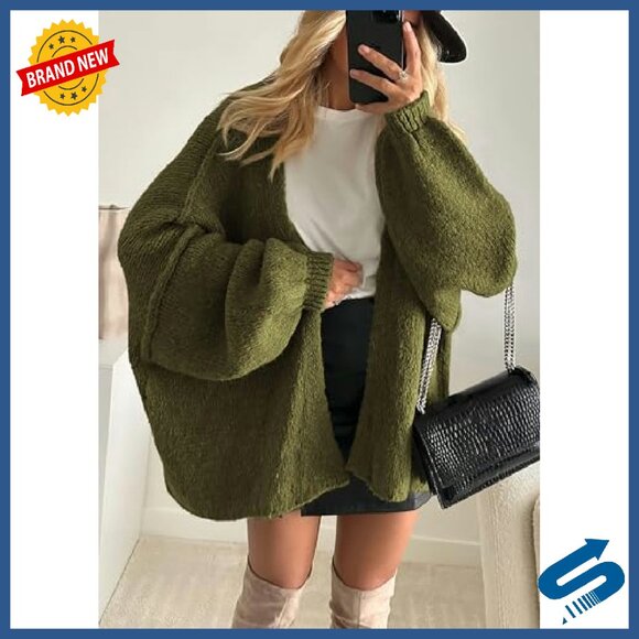 Oversized Cardigan Lantern Sleeve Lightweight Knit Open Front Sweater - Picture 3 of 8